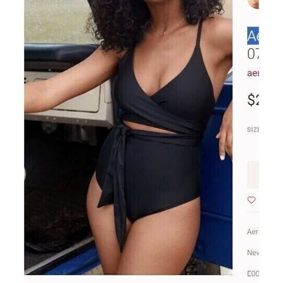 Aerie Womens Sz S True Black Real Good Wrap Around Detail One Piece Swimsuit - Picture 6 of 6